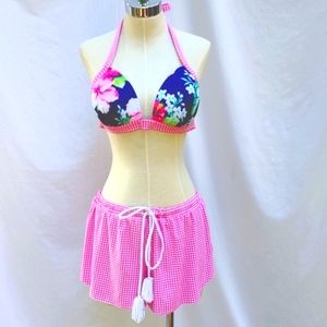 Venus two piece bathing suit, floral top 38D, pink gingham shorts bottom 14